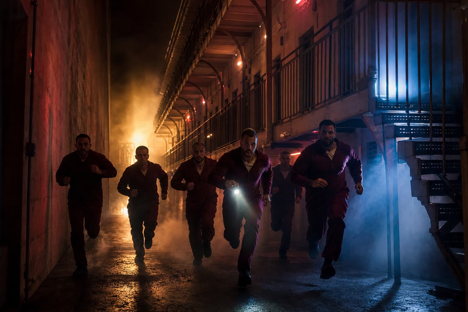 The escape — team running in red jumpsuits through the prison wing