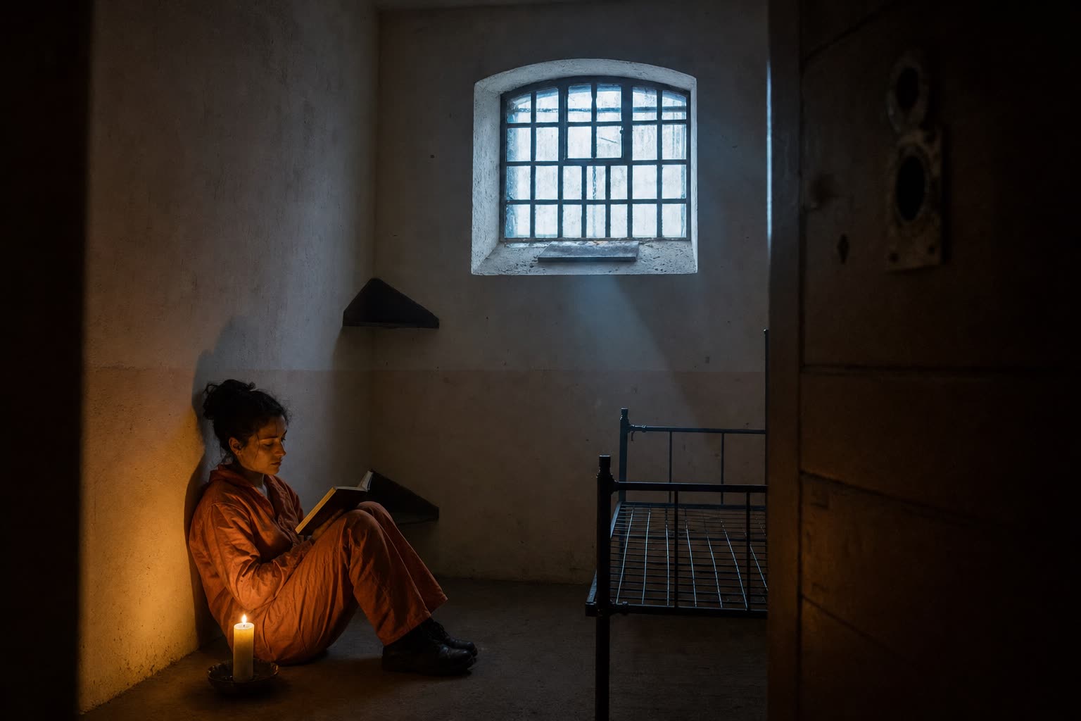 A prisoner reading by candlelight before the briefing begins