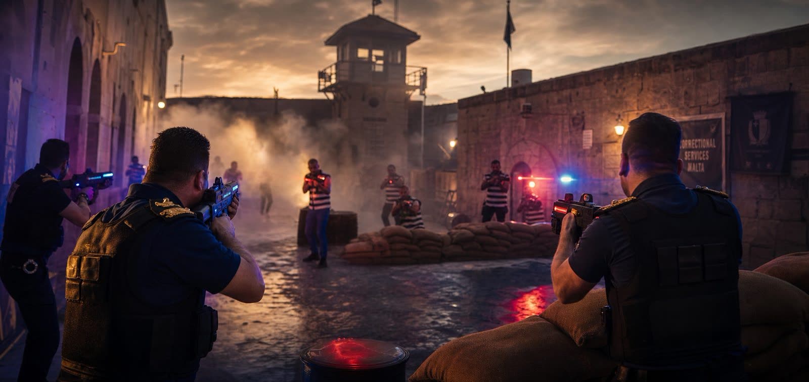Prison yard, smoke, watchtower, laser tag confrontation